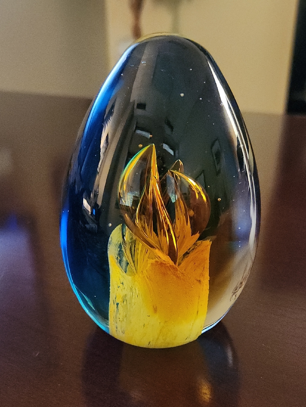Blue and Yellow Glass Art Egg-Shaped Paperweight Sculpture - Decorative Home Art